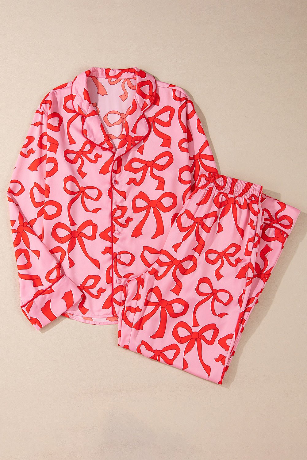 Pink 2pcs Bow Print Shirt Style Long Sleeve Set