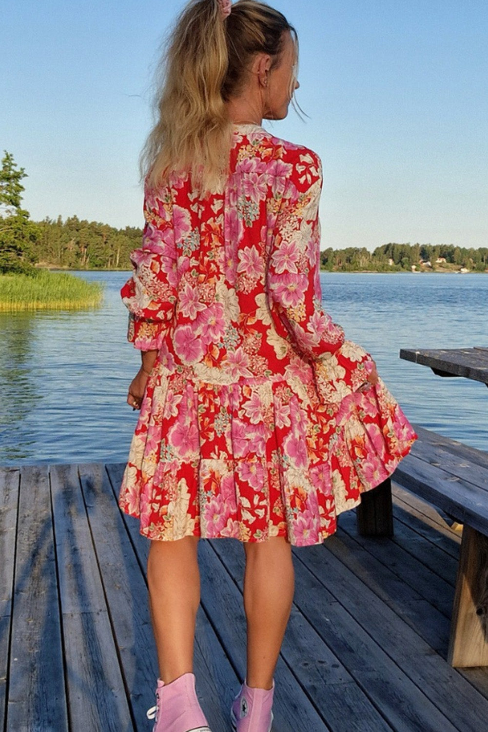 Romantic Rose Long-Sleeve Mini Dress