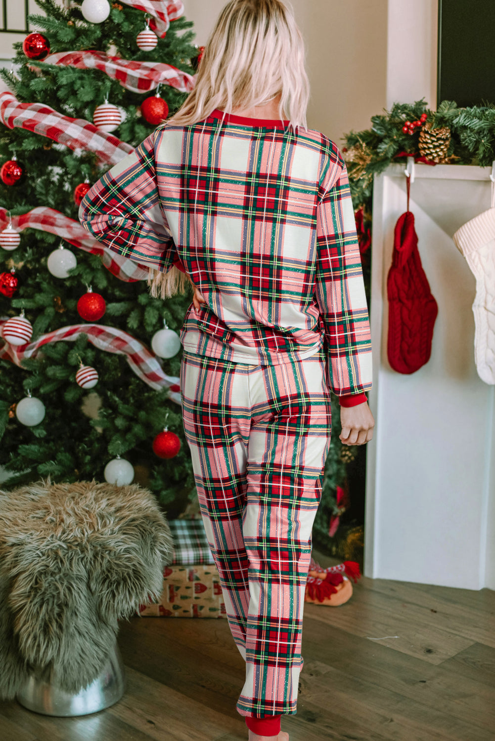 Red Plaid Allover Top and Pants Lounge Set