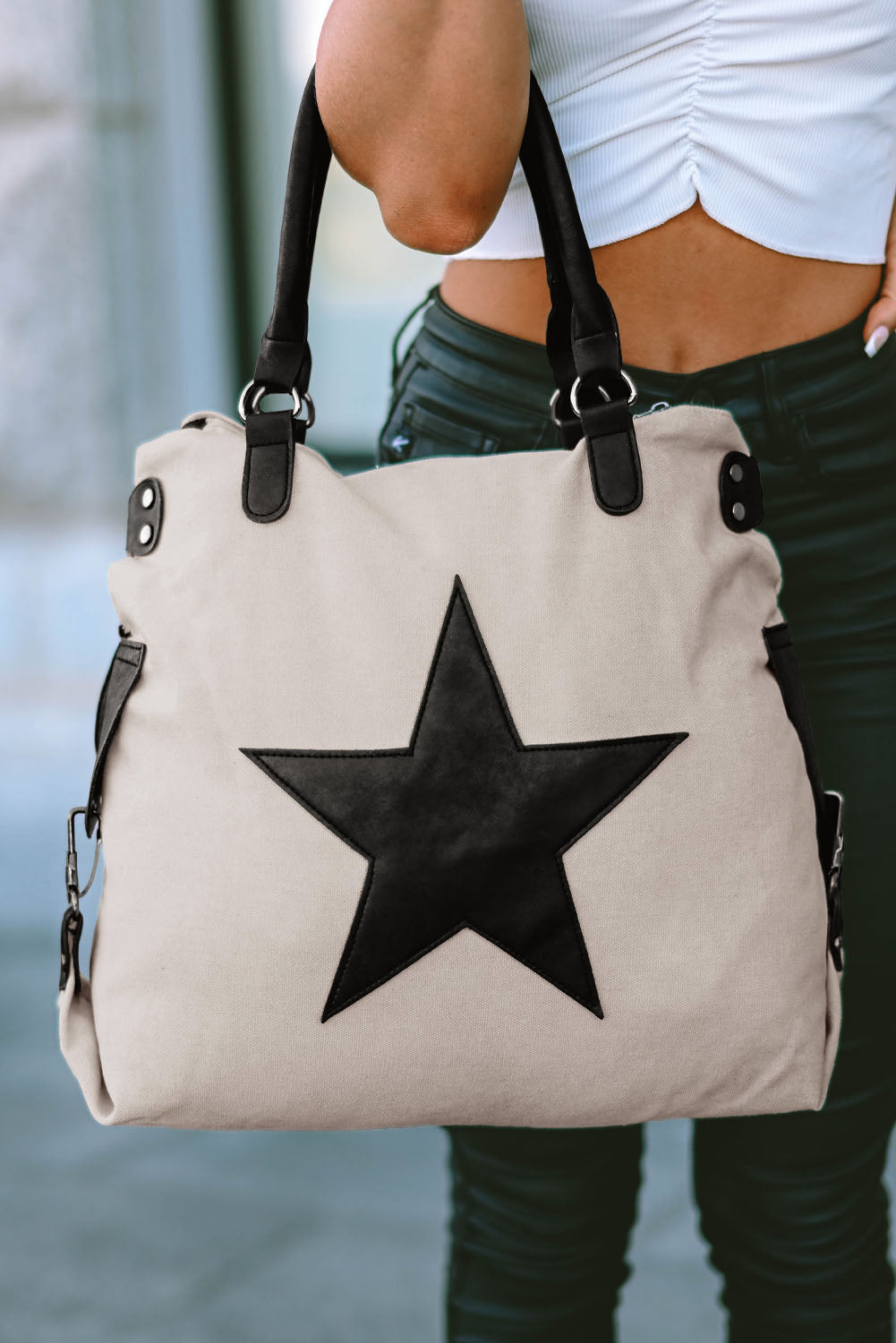 Cellestielle Beige Casual Five-Pointed Star Canvas Tote Bag