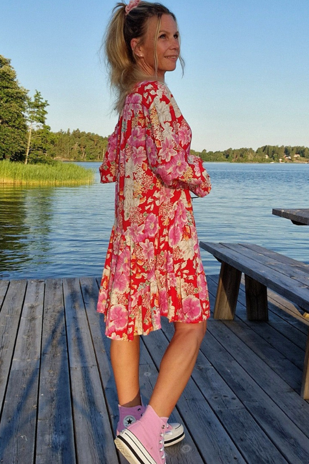 Romantic Rose Long-Sleeve Mini Dress