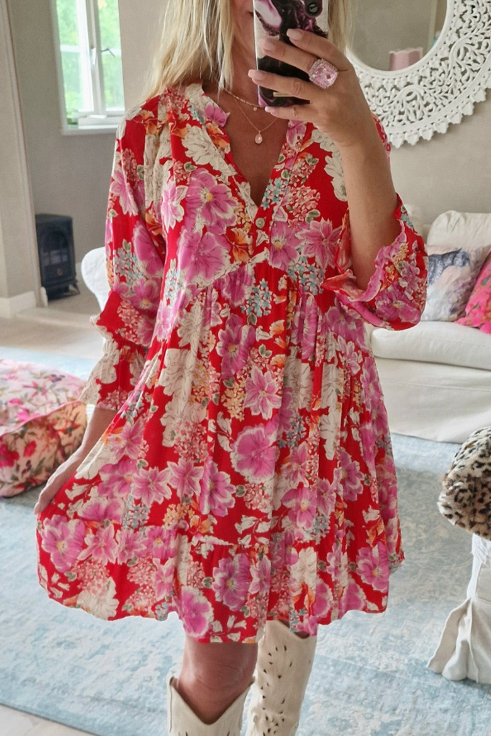 Romantic Rose Long-Sleeve Mini Dress