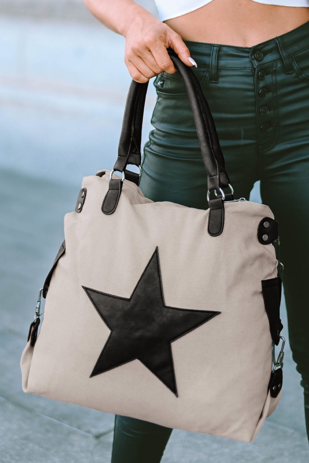 Cellestielle Beige Casual Five-Pointed Star Canvas Tote Bag