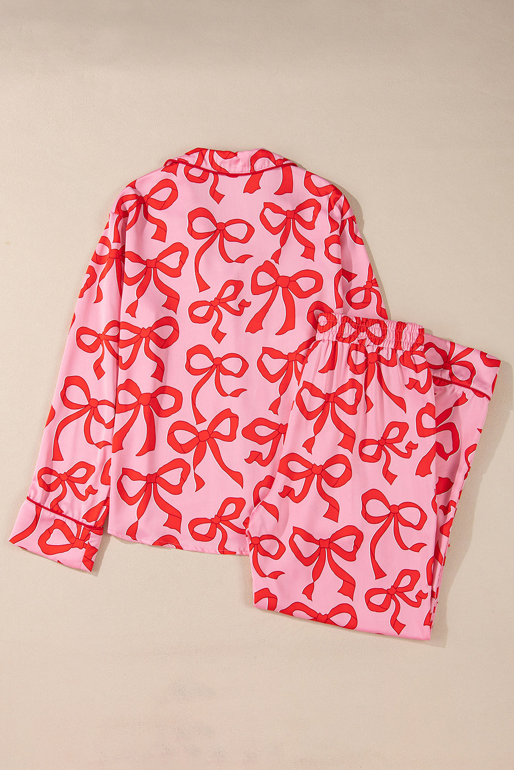 Pink 2pcs Bow Print Shirt Style Long Sleeve Set