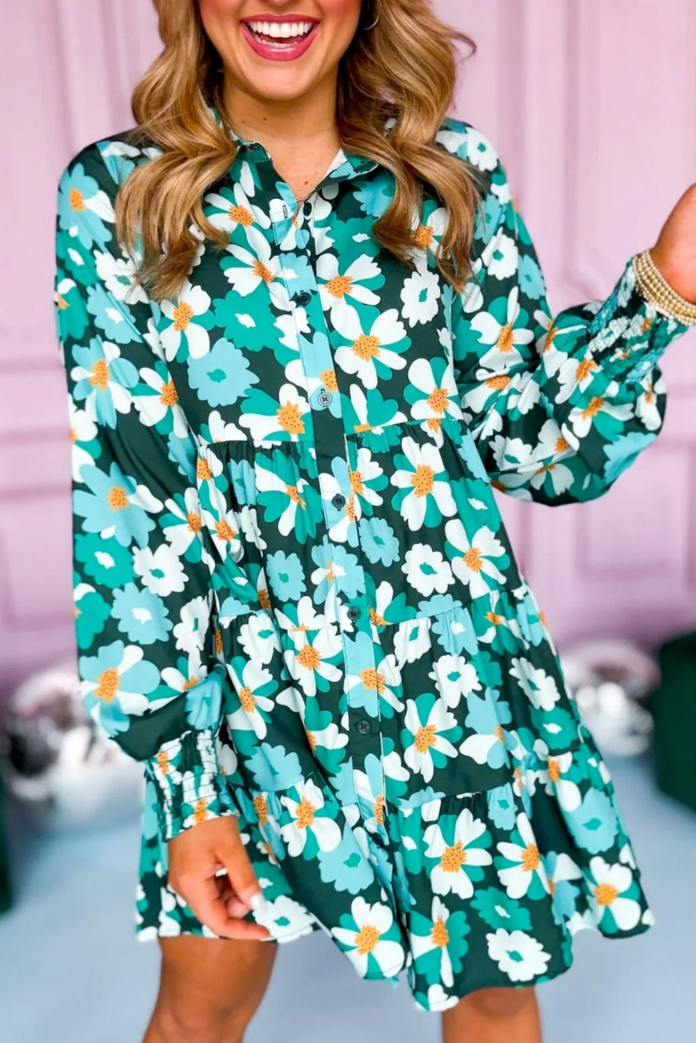 Emerald Bloom Tiered Mini Dress