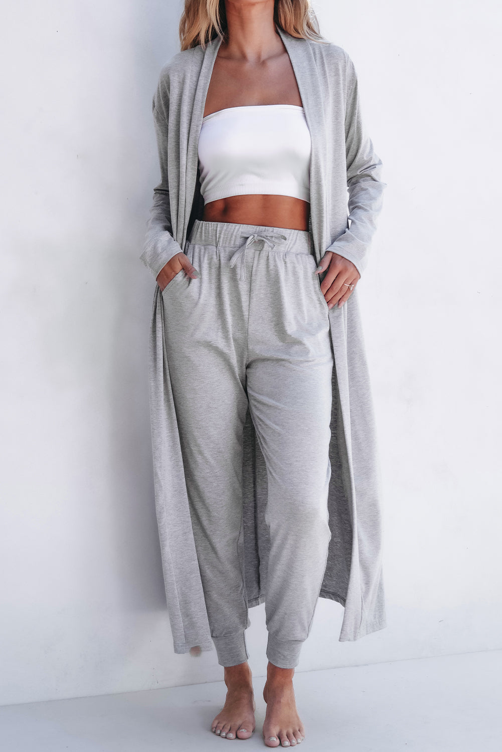 Light Grey Split Long Cardigan and Skinny Pants Set