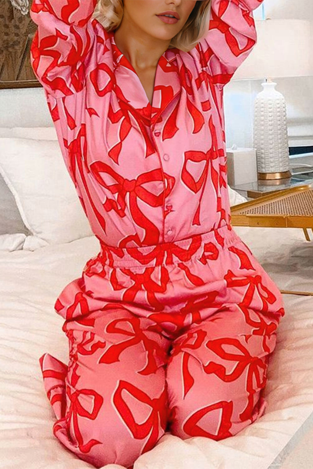 Pink 2pcs Bow Print Shirt Style Long Sleeve Set