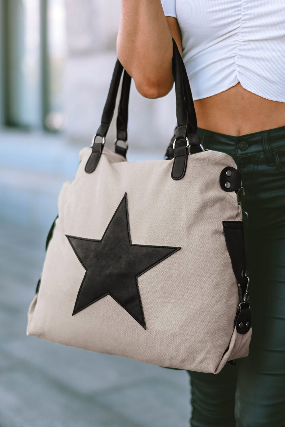 Cellestielle Beige Casual Five-Pointed Star Canvas Tote Bag