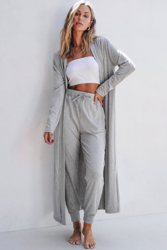 Light Grey Split Long Cardigan and Skinny Pants Set