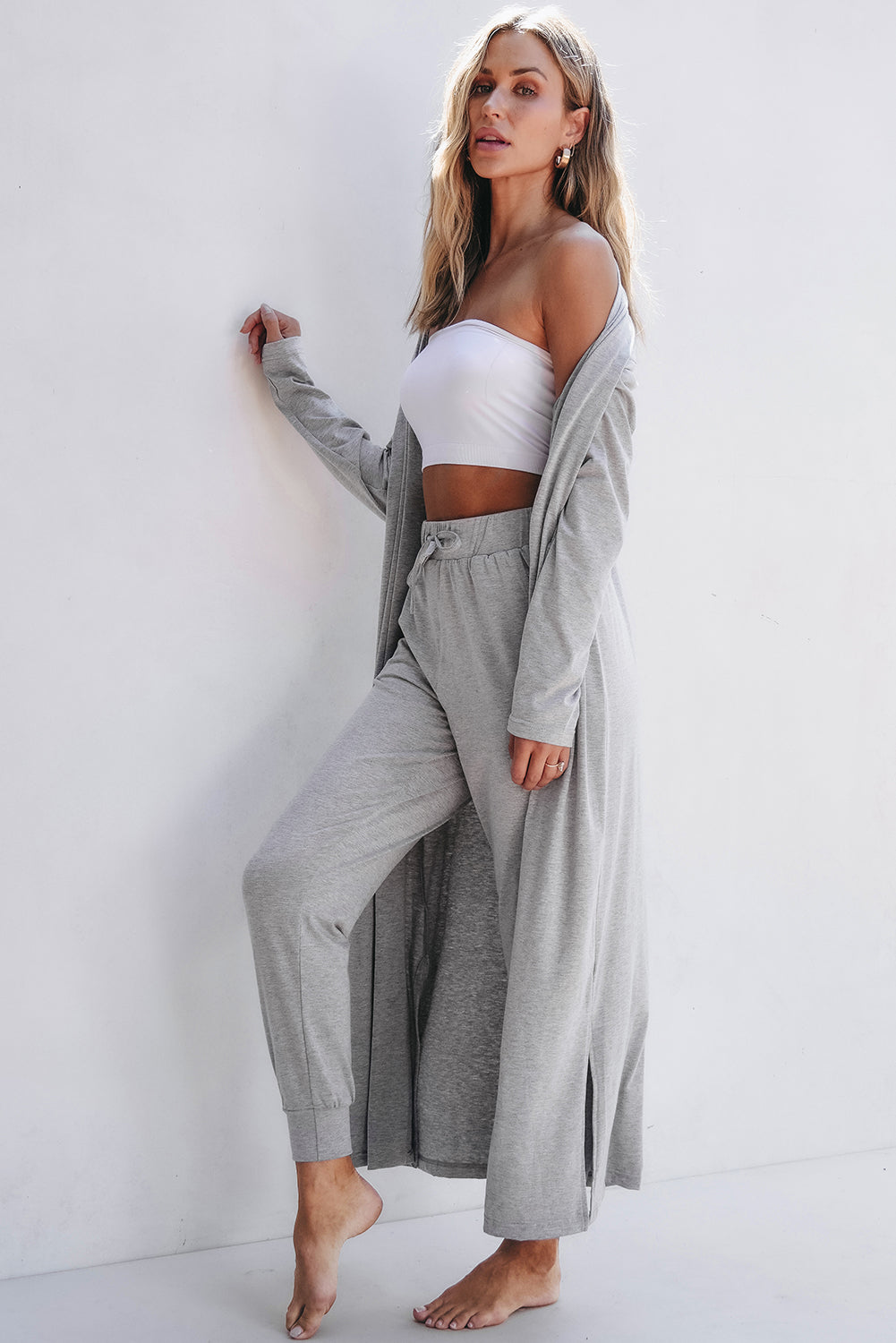 Light Grey Split Long Cardigan and Skinny Pants Set