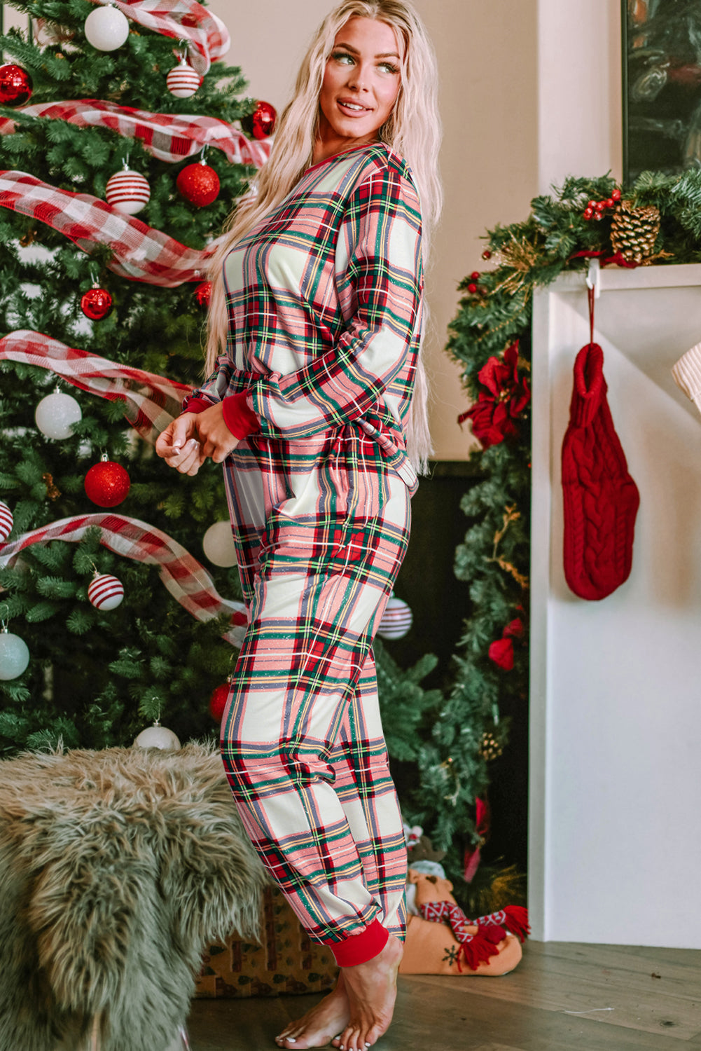 Red Plaid Allover Top and Pants Lounge Set