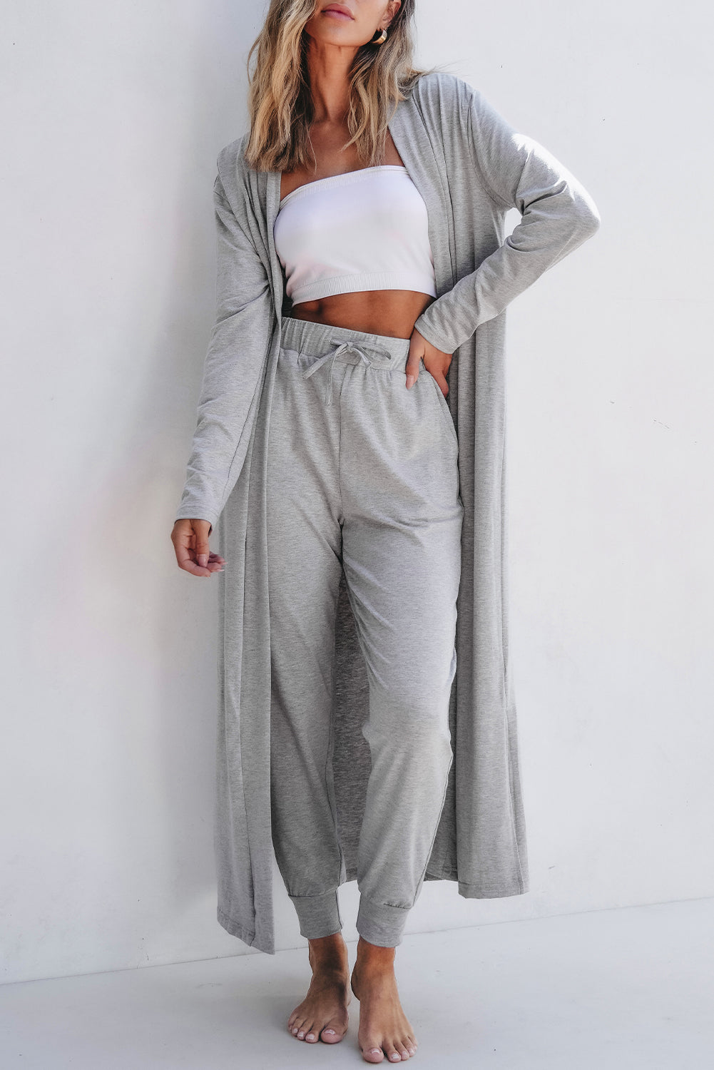 Light Grey Split Long Cardigan and Skinny Pants Set