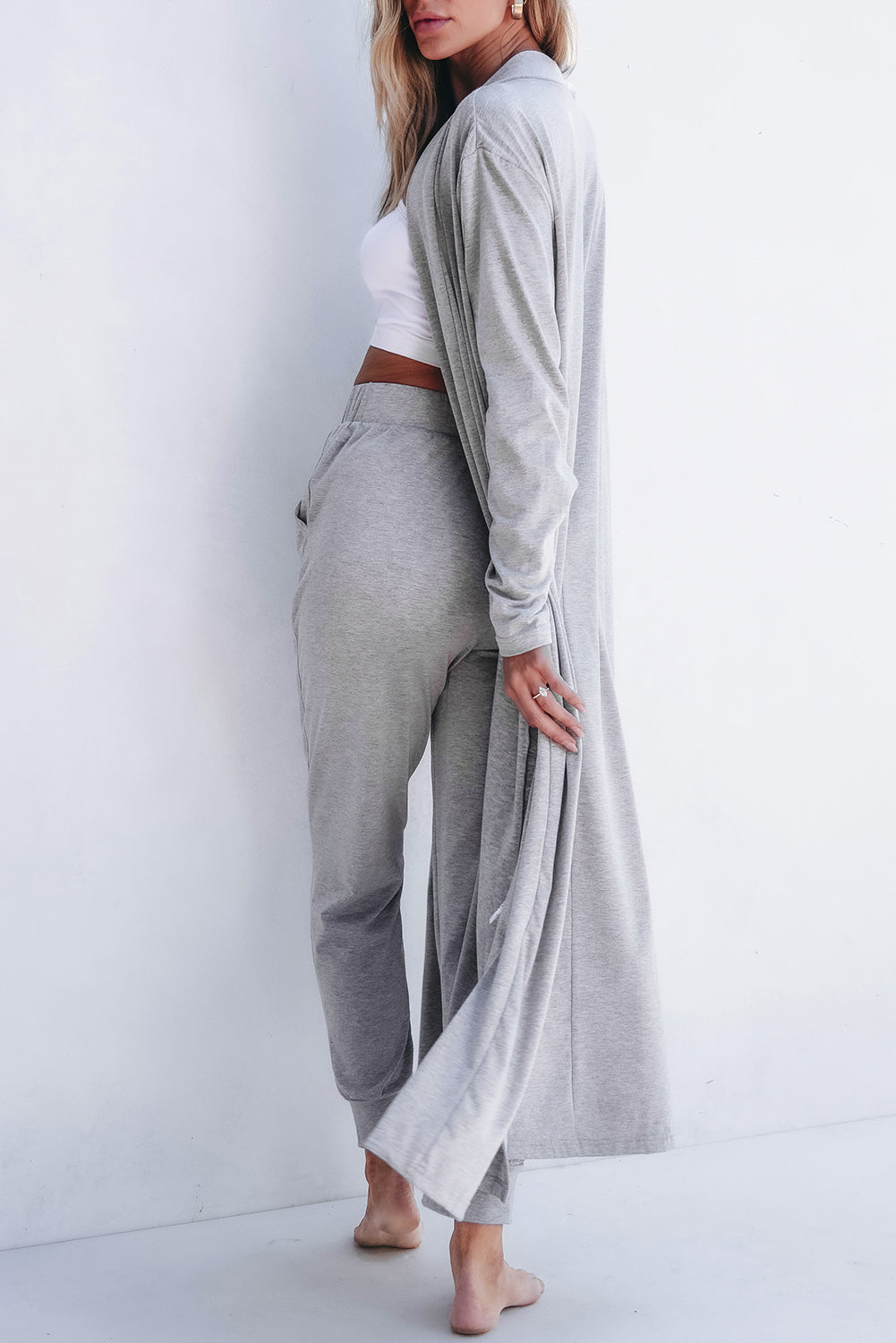 Light Grey Split Long Cardigan and Skinny Pants Set